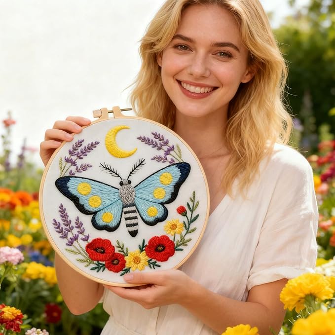 BEUNITONE 6 Set Butterfly Embroidery Kit for Adults Beginners, DIY Needlepoint Craft Kits with Instructions and Hoops, Complete Starter Set for Adults, Funny Hand Embroidery for Fabric and Home Decor