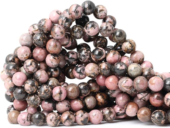 cheavian 45pcs 8mm natural black line rhodochrosite gemstone smooth round loose beads for jewelry making 1 strand 15"