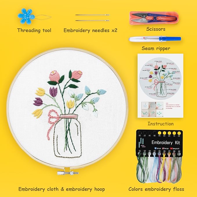 BERYA Flowers Embroidery Kit Including Video Step by Step Instructions Embroidery Hoop,Color Threads and Embroidery Scissors for Beginners-Handmade Needlepoint Kits for Adults