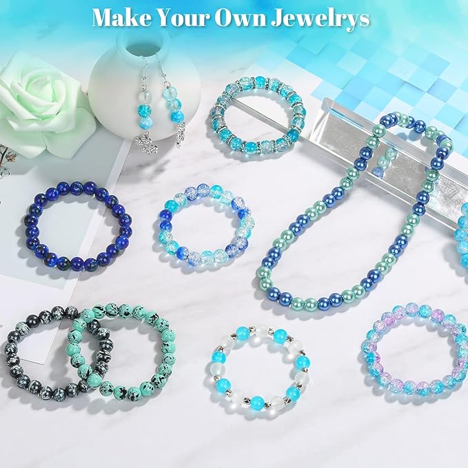 PAXCOO 720pcs Glass Beads for Jewelry Making 8mm, 24 Colors Bead Bracelet Making Kit Blue Round Loose Beads for Bracelet Earring Necklace Jewelry Making Supplies