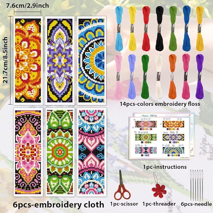 ACRNIGHEET 6PCS Cross Stitch Bookmark Kit for Beginner Mandala Stamped Cross Stitch Kits for Adults DIY Embroidery Bookmark Kits Crossstitch Kits Adult with Instructions Hand Craft Gift 11CT
