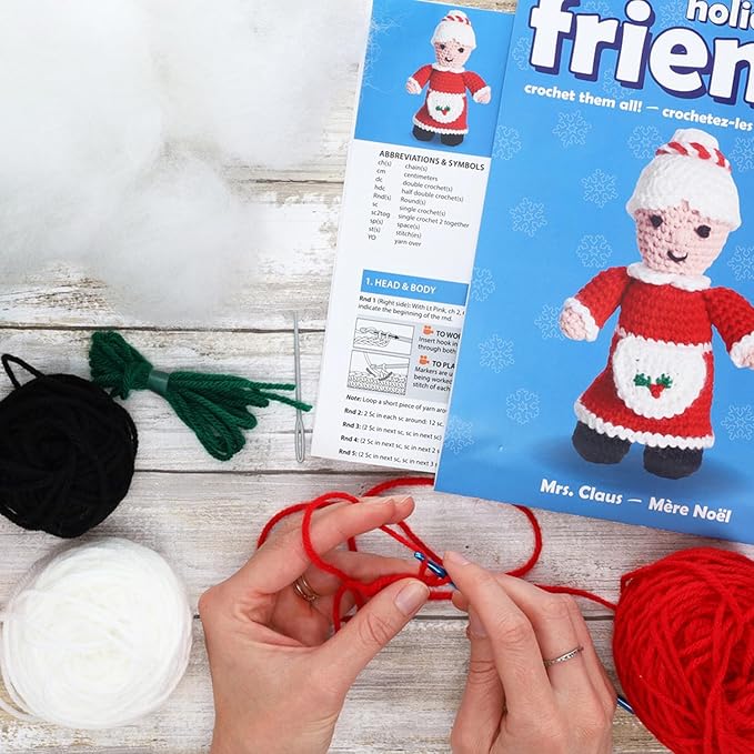 LEISURE ARTS Crochet Friend Kit, Mrs. Claus, 8", Complete Crochet Kit, Learn to Animal Starter Kit for All Ages, Includes Instructions, DIY Amigurumi Kits