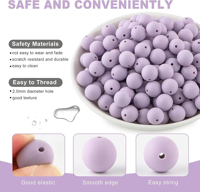 150Pcs 15mm Silicone Beads for Keychain Making Bracelet Necklace, Bulk Round Silicone Beads for Pens（Lilac）