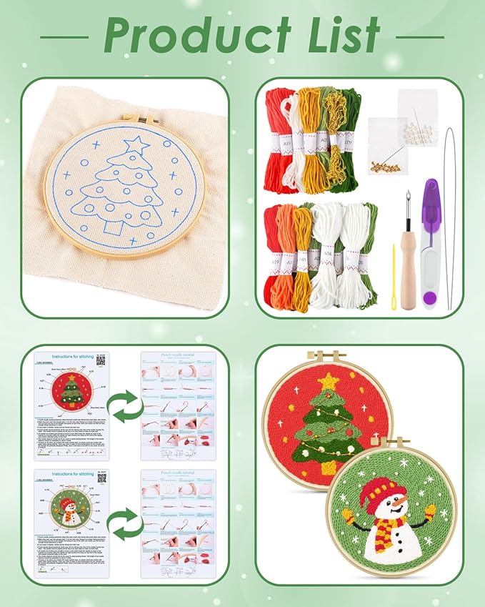 ERKOON Christmas Punch Needle Kit Adults Beginners, 2 Pcs DIY Easy Embroidery Set for Starter Art Craft, Needling Punch Project with Patterns, Tools, Yarns, Hoop, Instruction (ChristmasTree & Snowman)