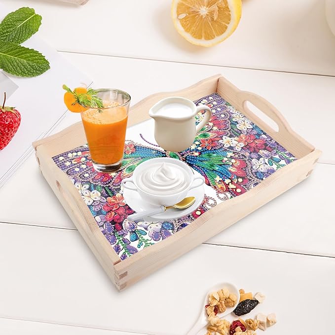 DIY Diamond Art Tray with Handle Diamond Art Painting Plate Creative Design Handmade Wooden Tray Mosaic Making Kits by Number Kits Diamond Art for Coffee Living Room Home Organizer (Butterfly)
