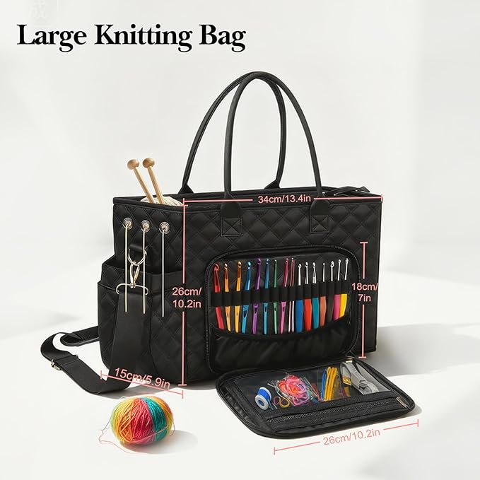 VERONLY Crochet Bag Yarn Storage, Large Knitting Tote with Padded Crochet Hook Organizer, Tote with Multiple Compartments for Crochet Lovers, Knitting Accessories, Unique Valentines Gifts for Her