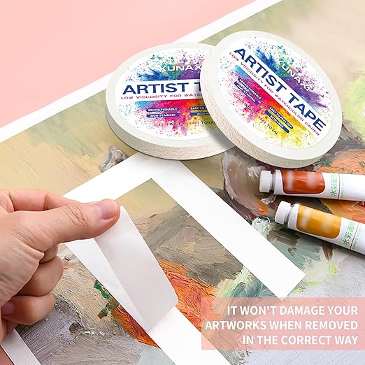 2 Packs Art Tape, Artist Tape for Watercolor Paper Low Tack White Painters Tape for Drafting Art Painting Canvas Framing Acid Free Masking Tape-0.25IN Wide 198FT Long Total