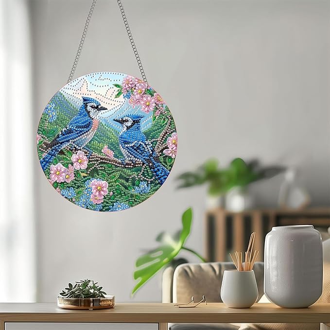 Bimkole Bird Diamond Art Hanging Kit for Adult, DIY 5D Diamond Art Flower Window Pendant, Acrylic Crystal Art Hanging Ornament Home Wall Garden Front Door Sign Outdoor Decor 7.8x7.8 Inch