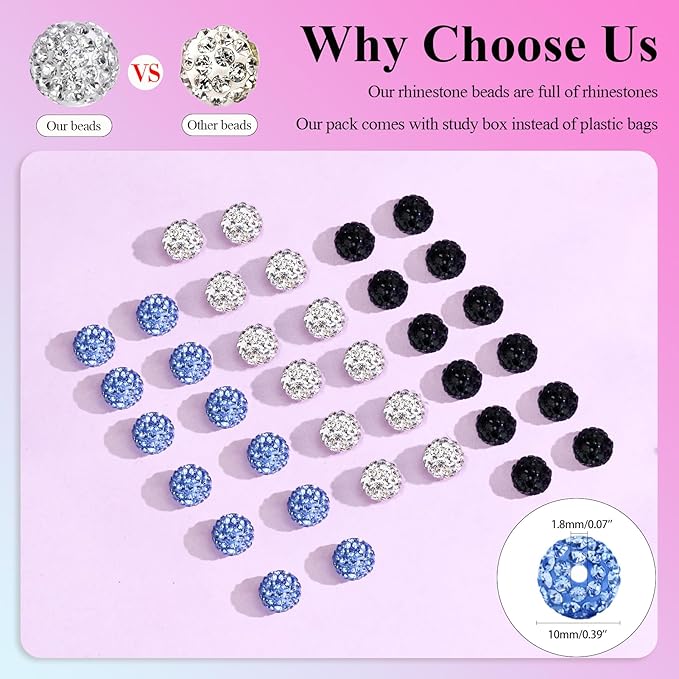 Dowarm 255PCS 10mm Rhinestone Beads for Baseball Rhinestone Necklace Bracelet Jewelry Making, Round Polymer Clay Beads for Crafts Beaded Pen, Shamballa Pave Diamond Bead, Ice Blue|White|Black