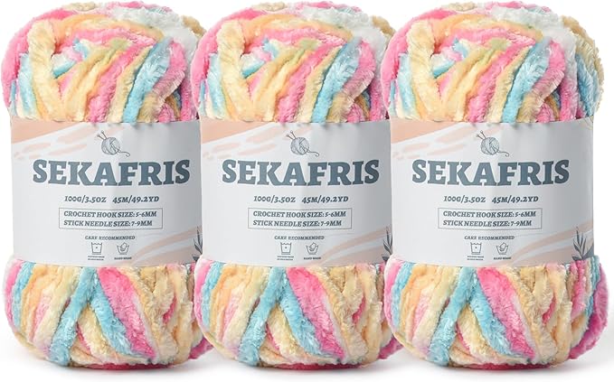 Fuzzy Chunky Chenille Yarn for Crocheting，Soft Plush Yarns for Hand Knitting，Bulky 3x100 g（3X49.2 yd） Baby Blanket Yarn for Crocheting Amigurumi，Crochet Fluffy Velvet Yarns (Candy Color)