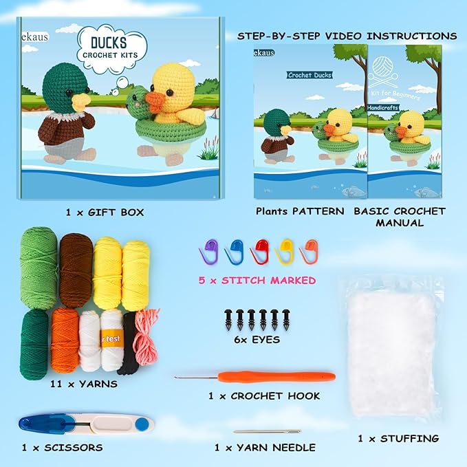 ekaus Crochet Kit for Beginners, Crochet Kit with Step-by-Step Video Tutorials, Crochet DIY Knitting Supplies for Adults, Crochet Ducks(45%+ Yarn)