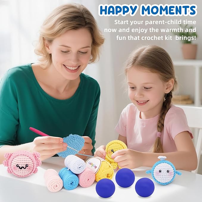 WaldyWop Crochet Kit for Beginners: 3PCS Crochet Animal Kit w/Stress Balls, Step-by-Step Video Tutorials - Wobbles DIY Craft Knitting Kit for Adults - Gifts for Teen Women (Dolphin, Octopus, Axolotl)