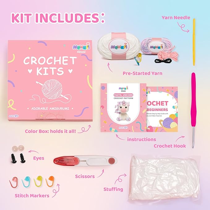 Mewaii Crochet Kit for Beginners Level 2 with 40% Extra Eco-Friendly Pre-Started Easy Yarn, Step-by-Step Video Tutorials for Adults and Kids (Pastel Unicorn)