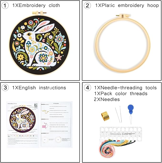 Crafmanoe Embroidery Kits for Beginners Adults, Flowers Rabbit Embroidery Starter Kits, Counted Cross Stitch Kits for Beginners Adults Hobbies Set for Women, Embroidery Hoops, Thread & Video Tutorial