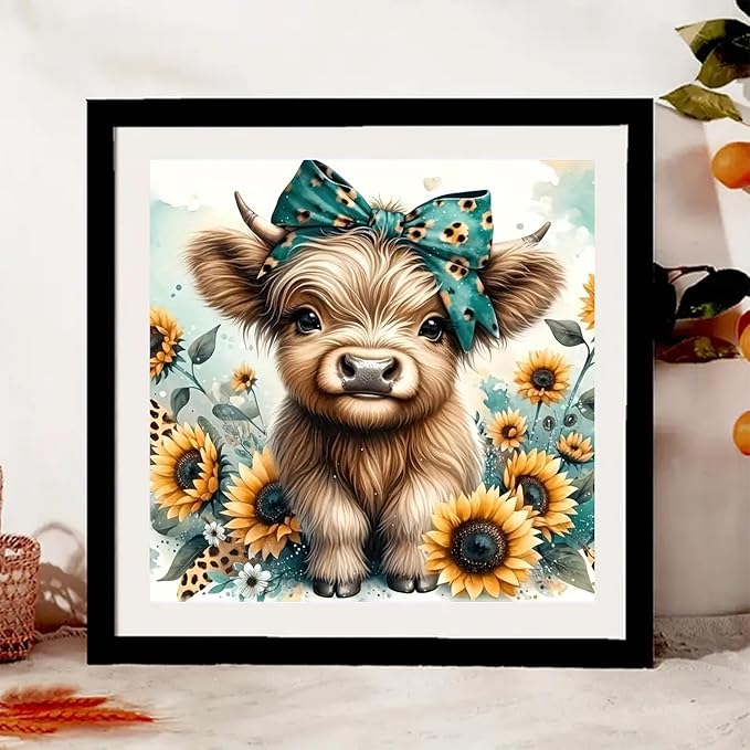 BYGFHLYW Diamond Art Painting Kits for Adults, Cow 5D Diamond Painting Dots Art Kits for Adults Beginner, DIY Highland Cow Full Round Gem Crystal Art Paint by Diamond, Home Wall Decor 12 x 12 in