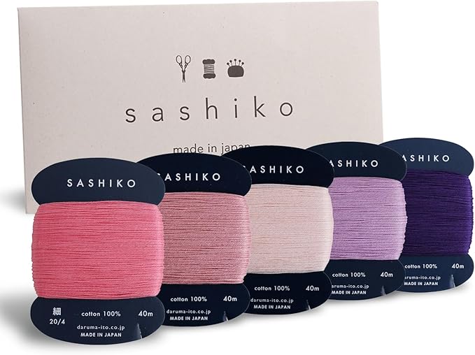 DARUMA Sashiko Thread 100% Cotton Card Type (43.7 yd) x 5 Colors with English Manual, Sewing & Embroidery Value Set with Gift Package(Thin, Tefutefu)
