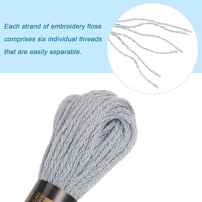 HARFINGTON 12 Skeins Embroidery Floss 8m Each Egyptian Long Fiber Cotton Cross Stitch Thread 26S/2x6 for Embroidery Projects Bracelet, Light Grey