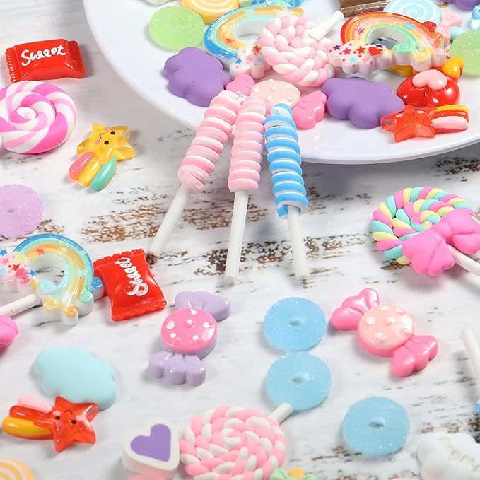 WILLBOND 120 Pieces Assorted Charms Cute Set Flatback Beads Making Kit Mixed Candy Sweets Resin Random Kawaii Candy Resin Ornaments for DIY Craft Scrapbooking Decoration