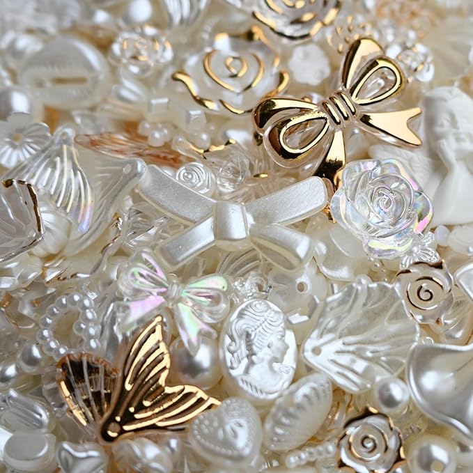Baroque Pearl Beads for Junk Case Charms Kit,Assorted Aesthetic Y2K Beads with Holes, Vintage Relief Flower Bow Angel Charms for DIY Phone Charms, Bracelet Jewelry Making Decor Supplies, White & Gold