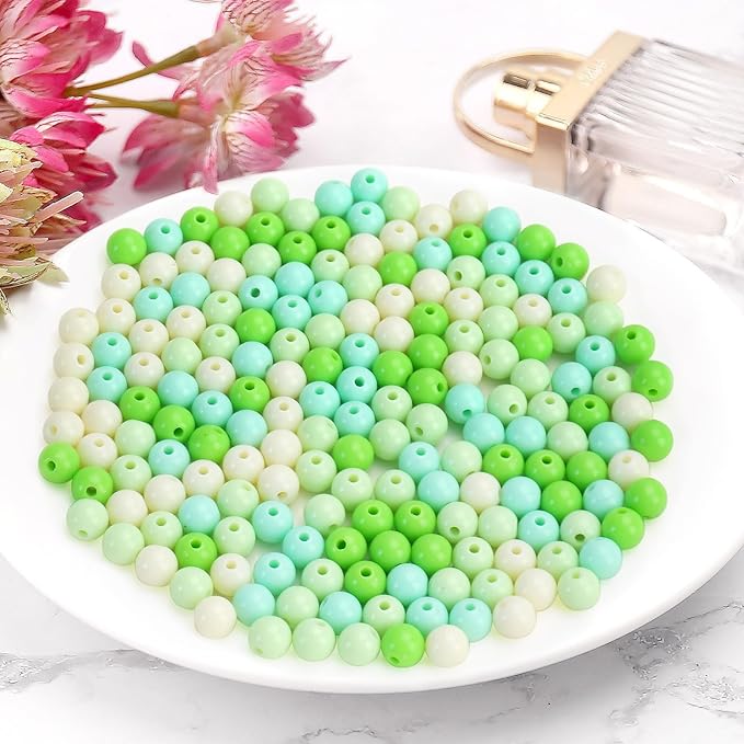 500pcs 8mm mixed color acrylic round beads, assorted plastic gumball bubble gum beads with hole pastel loose beads bulk for jewelry diy making crafting supplies (green series)