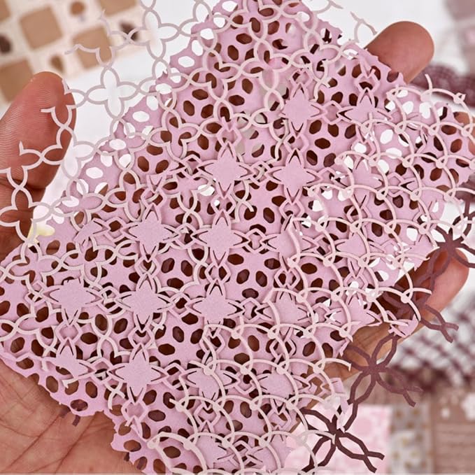 Diuhofart 47 Sheets Scrapbook Textured Papers for Crafts, Pink Theme Hollow Mesh Sticker Decorative Paper, Collage Materials for Junk Journaling Supplies