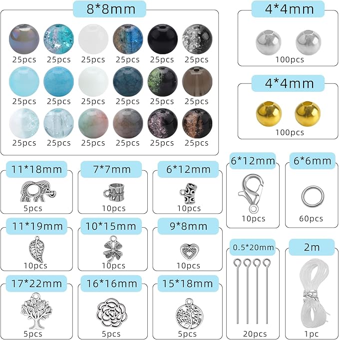 KINGSHINE 8mm 18 Colors Glass Beads for Jewelry Making, 810pcs Charm Bracelet Making Kit - Crystal/Crackle/Stone/Gold & Silver Pendant Spacer Beads for Adults Bracelets Necklace Earring DIY Supplies