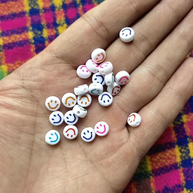Amaney 500pcs Smiley Face Beads 7x4mm Colorful On White Happy Face Spacer Beads for DIY Jewelry Making Bracelet Earring Necklace Craft