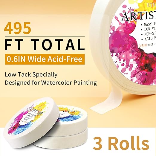 Low Tack White Artist Tape for Watercolor Paper Drafting Art Masking Tape Acid Free Painter Watercolor Tape for Painting Canvas Framing, 0.6 inch Wide 495FT Long Total