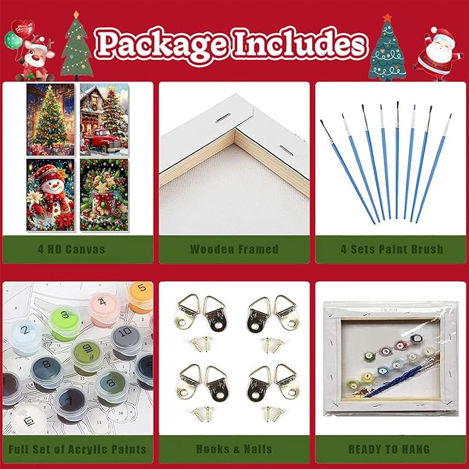 Christmas Paint by Numbers for Adults with Framed Canvas - with Wooden Easel, 4 Pack Paint by Number for Beginners, Xmas Acrylic Oil Painting on Canvas with Brushes for Home Wall Decor (8x12 inch)