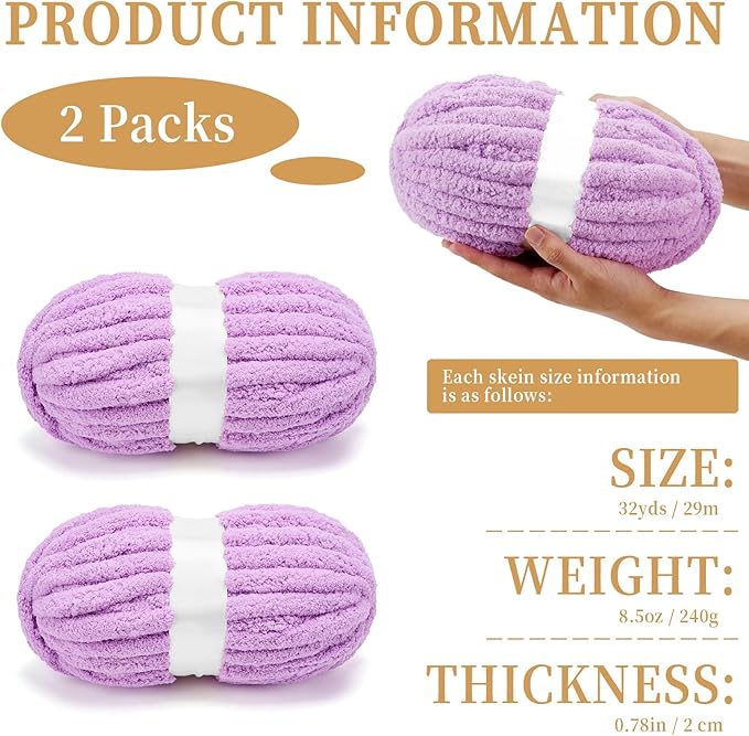 Chunky Chenille Yarn for Crocheting/Arm Knitting, Super Soft Jumbo Knit Blanket Yarn Light Purple 2 Pack (32 yds, 8.5 oz Each Pack)