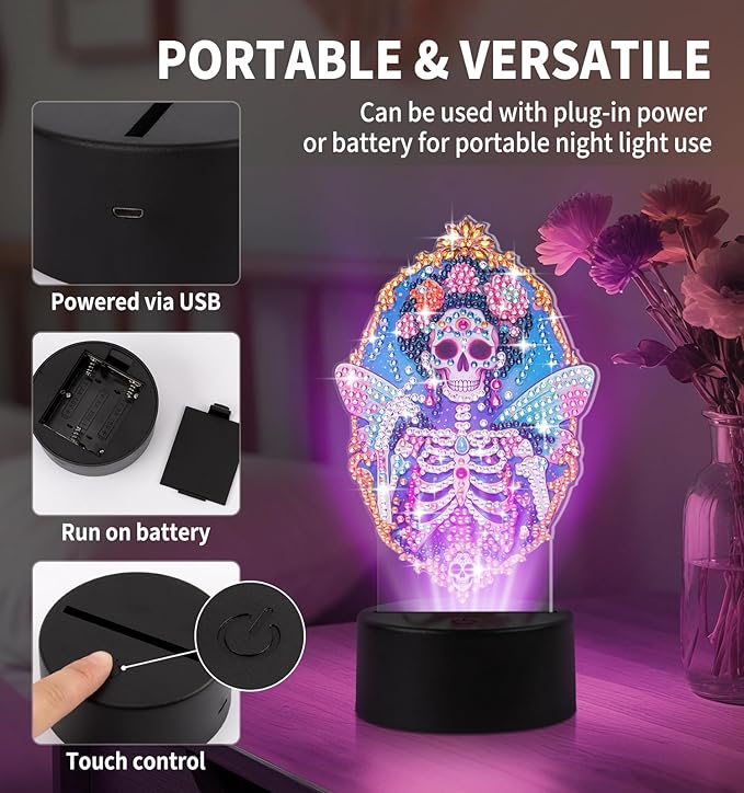 ALKALO Diamond Painting Night Light, Diamond Painting Kits for Adults Desktop Ornaments for Table Tabletop Decor Diamond Art Accessories for Adult Beginner Touch Lamp for Bedrooms Living Room-Skull