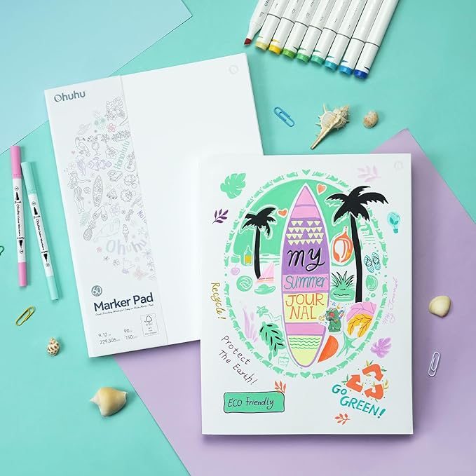 ohuhu double-sided marker pad art sketchbook bleedproof - 9"x12" large paper size - 90 lb/150 gsm smooth drawing paper - 60 sheets/120 pages, glue-bound sketching book for alcohol markers