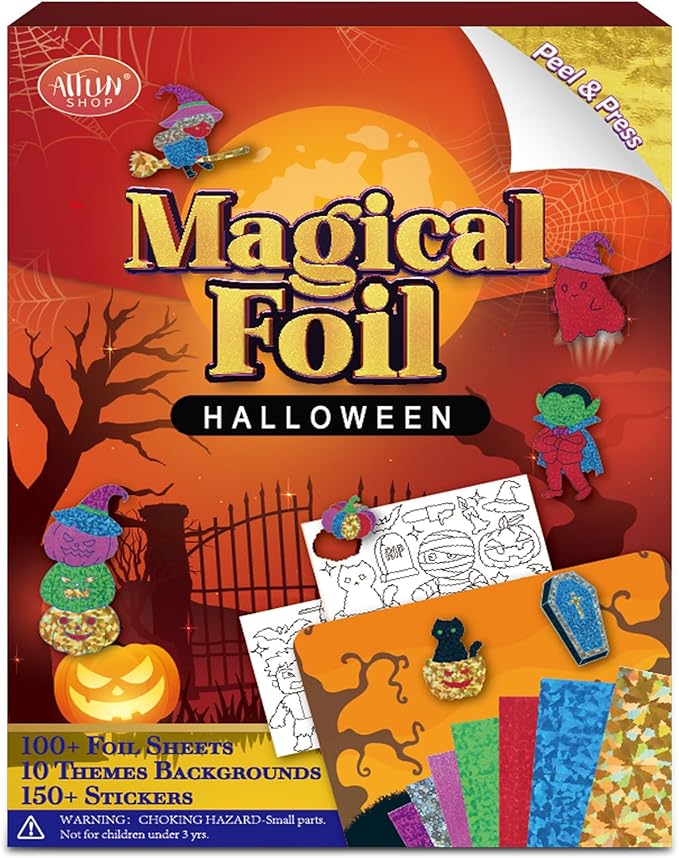 halloween crafts for kids foil art no mess foil craft toy for kids ages 4 5 6 7 8 9 10, diy activity kit with spooky ghosts, pumpkins & bats,halloween party favors toys & games for boys and girls