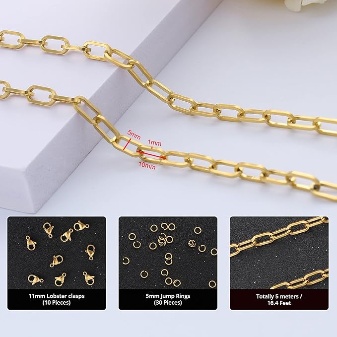 16.4 Feet Gold Plated Stainless Steel Chain Bulk Flat Paperclip Link Chains 5x10mm Jewelry Chain Roll with Jump Rings Lobster Clasps Oval Cable Chains for DIY Jewelry Making