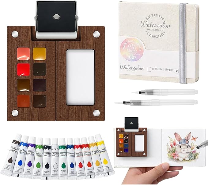 Mini Watercolor Paint Set - Mini Travel Watercolor Palette Set, Pocket Water Color Paint Palette Kit with 12 Colours, Sketchbook, Pens, Wooden Paints Box for Painters Artists