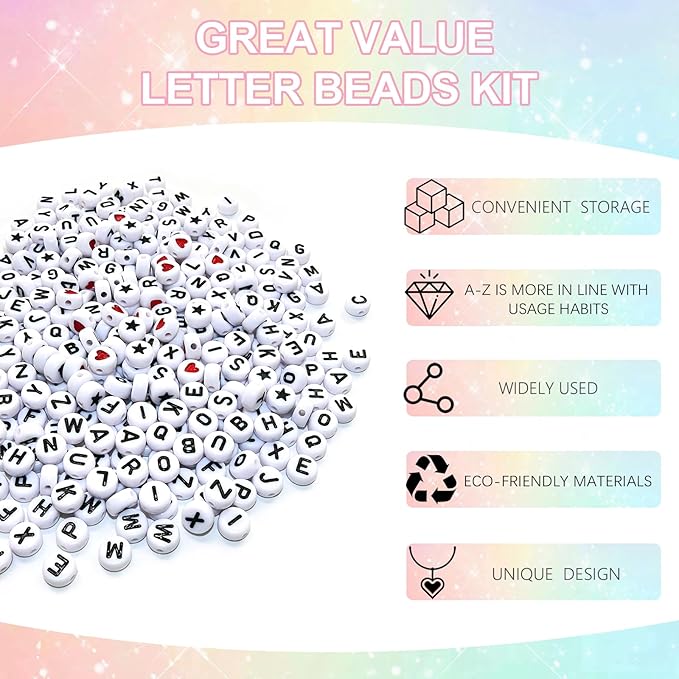 Amaney 1500 Pieces 4x7mm White Round Acrylic Alphabet Letter Beads A-Z Number Beads Star Beads Heart Beads and Crystal Line for Jewelry Making