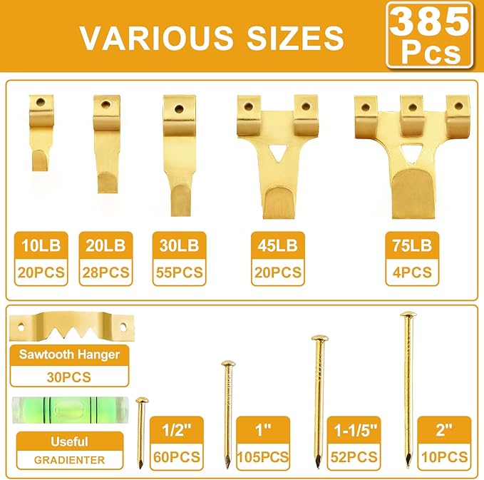 KURUI Picture Hangers, 385Pcs Picture Hanging Kit with Heavy Duty Picture Hanging Hooks, Sawtooth, Hardware Nails and Picture Hanging Tool, Wall Hangers for Frame, Painting, Art, Photo (Gold)