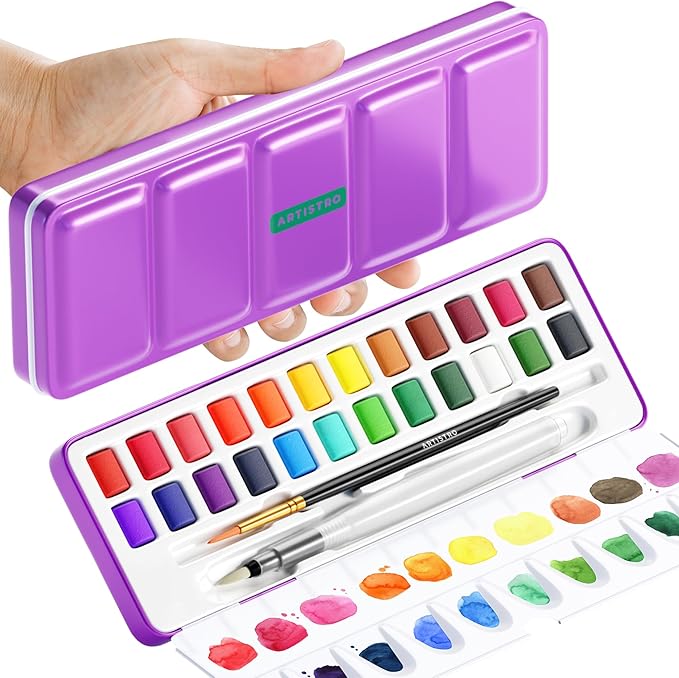 ARTISTRO 24 Color Watercolor Paint Set - Portable Paint Art Kit with Palette and Brush Pens - Travel Water Color Set for Adults, Professionals, Kids - Art and Painting Supplies - Gift Idea