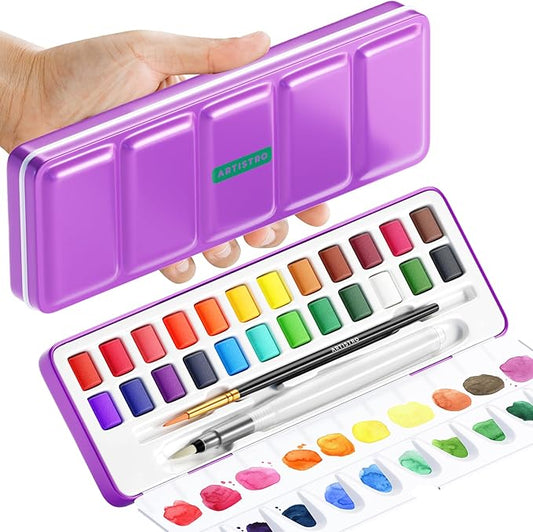 ARTISTRO 24 Color Watercolor Paint Set - Portable Paint Art Kit with Palette and Brush Pens - Travel Water Color Set for Adults, Professionals, Kids - Art and Painting Supplies - Gift Idea