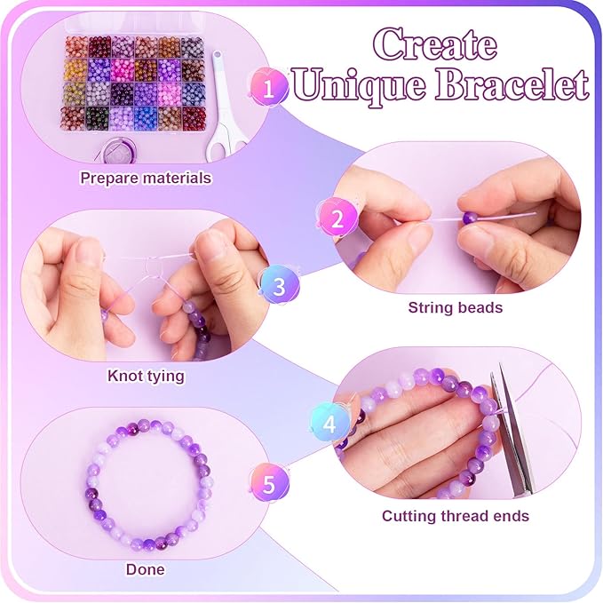 XSEINO About 1200+ pcs 6mm Glass Beads Bracelet Making Kit, 24 Assorted Purple Bi-Color Fusion Series Crystal Beads for Jewelry Making, DIY Crafts, Friendship Bracelets