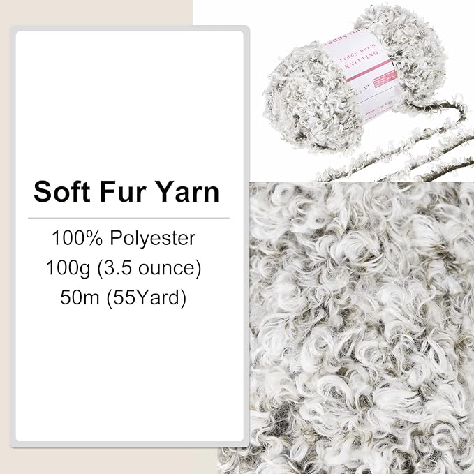 MECCANIXITY Eyelash Yarn Fur Soft Fluffy Chunky Polyester Yarn Fuzzy Pale Gray for Crocheting Knit DIY Clothes Bag - 55Yard/50m, 3.53oz