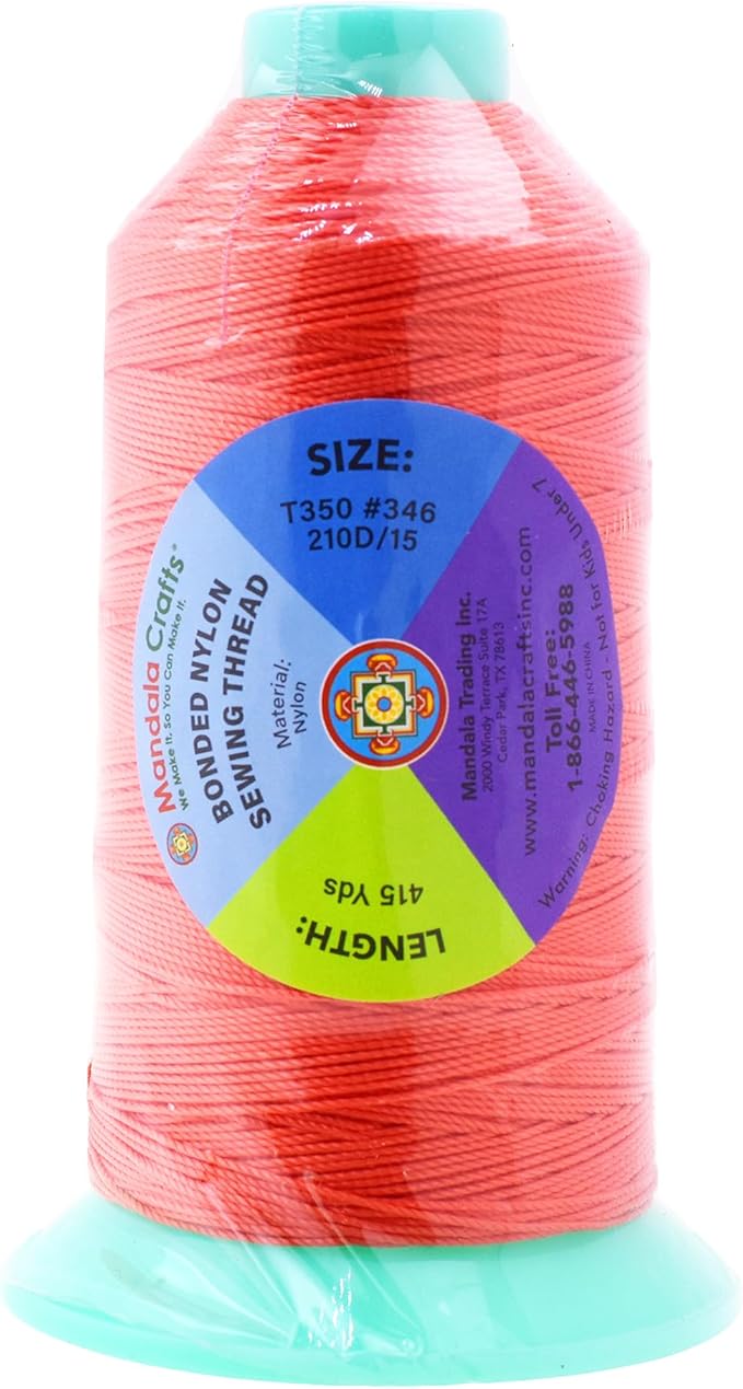 Mandala Crafts Size 346 210D T350 Bonded Nylon Thread - Coral 415 YDs Tex 350 Heavy Duty Sewing Threads for Leather, Jeans, Weaving, Outdoor Marine Upholstery