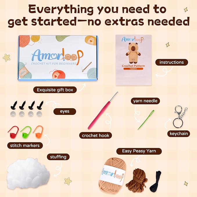 Amorloop Crochet Kit for Beginners – Easy-to-See Stitches Yarn, Pre-Started Piece, and Step-by-Step Video Tutorials | Starter Crochet Set with Cute Animal Pattern – Original Handmade Capybara Pattern