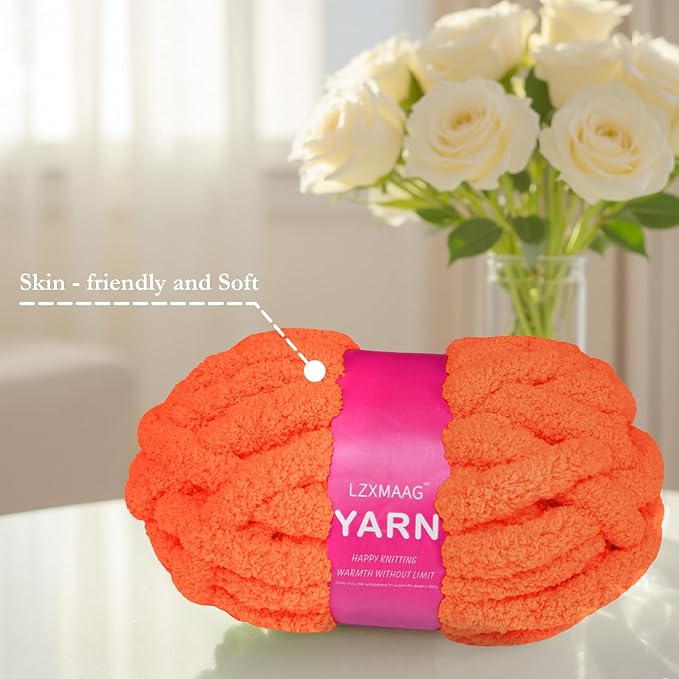 Chunky Chenille Yarn for Hand Knitting and Blankets, Super Soft Jumbo Yarn Pack for Crocheting, Bulky DIY Projects, 8 Skeins, Rust Orange