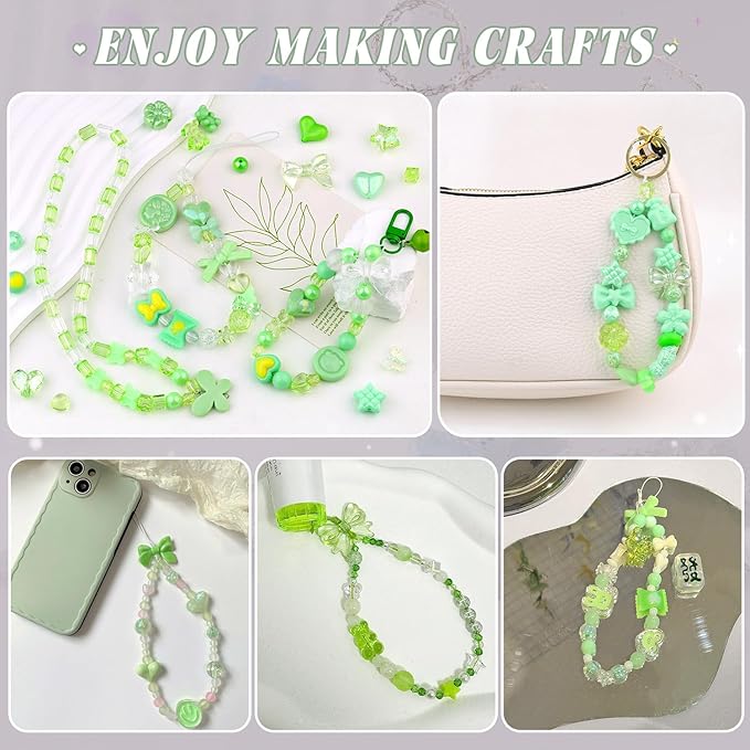 200-260pcs tinkrstuff assorted acrylic beads green cute beads for bracelet making, bow aesthetic gummybear flower candy butterfly kawaii charms for jewelry making diy necklace keychain phone charm