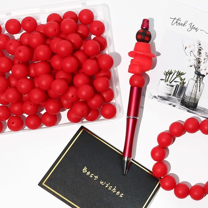 120pcs 15mm Bulk Silicone Beads for Pens, Keychains, Necklaces and Bracelets Making, Assorted Rubber Beads Set (Red)