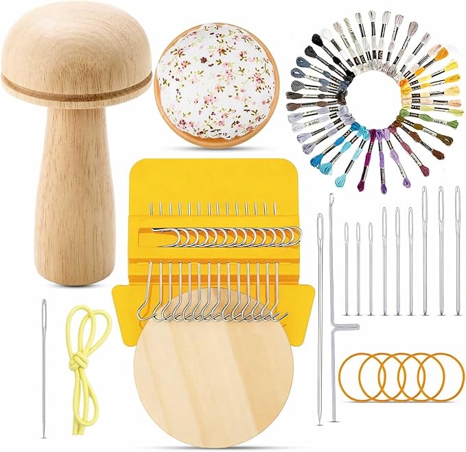 Jexine Mini Darning Mushroom for Socks 14 Hooks Small Speedweve Style Weaving Darning Loom with 9 Pcs Large Eye Needles 50 Colors Thread for Handcraft DIY Weaving Repair Tool(Yellow)