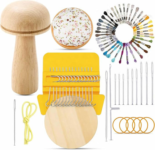 Jexine Mini Darning Mushroom for Socks 14 Hooks Small Speedweve Style Weaving Darning Loom with 9 Pcs Large Eye Needles 50 Colors Thread for Handcraft DIY Weaving Repair Tool(Yellow)