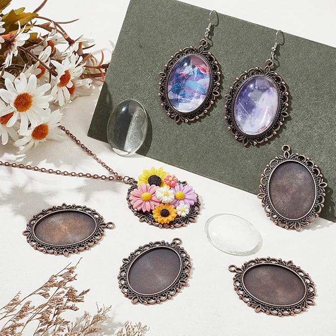 PH PandaHall 20pcs Pendant Trays Kit, 10pcs Oval Blank Bezel Pendant Settings, 10pcs 40x30mm Glass Cabochon Dome Tiles for Bridal Wedding Photo Charm Bouquet Graduation Making DIY