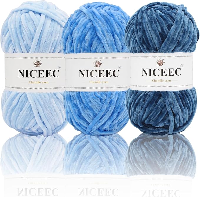 NICEEC 3 Skeins Soft Chenille Yarn Assorted Colors Blanket Yarn for Knitting Fancy Yarn for Crochet Weaving DIY Craft Total Length 3×85m (3×93yds, 3×50g)_Blue Series